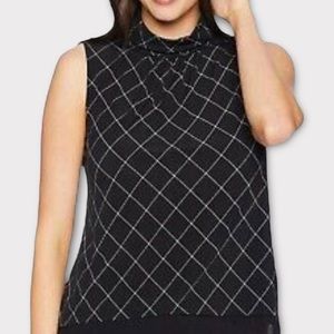 NEW Ellen Tracy Sleeveless Black/White Mock Neck Diamond Plaid Top Small NWT